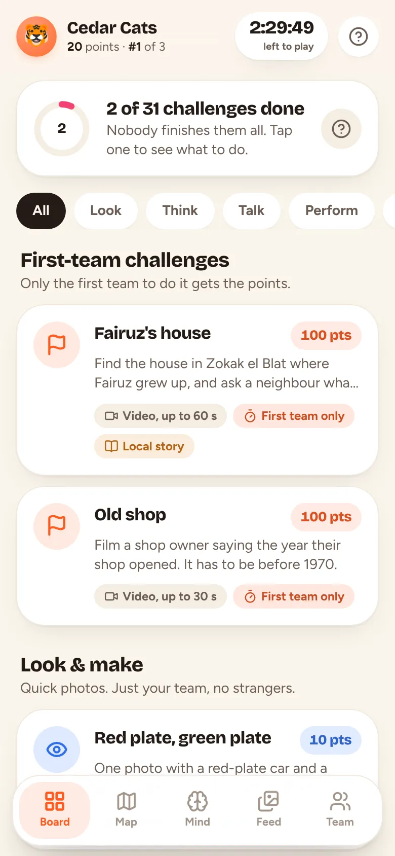 The challenge board, with first-team challenges and photo challenges