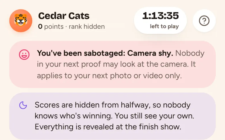 The app at halfway: you've been sabotaged, and the scores are now hidden